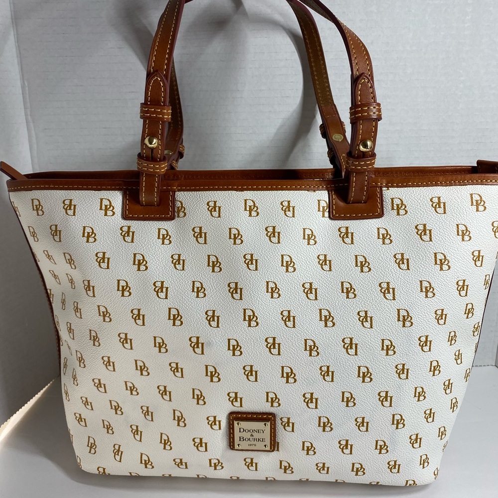 Dooney & Bourke Small Leisure Tote White/Tan Coated Cotton Leather Trim